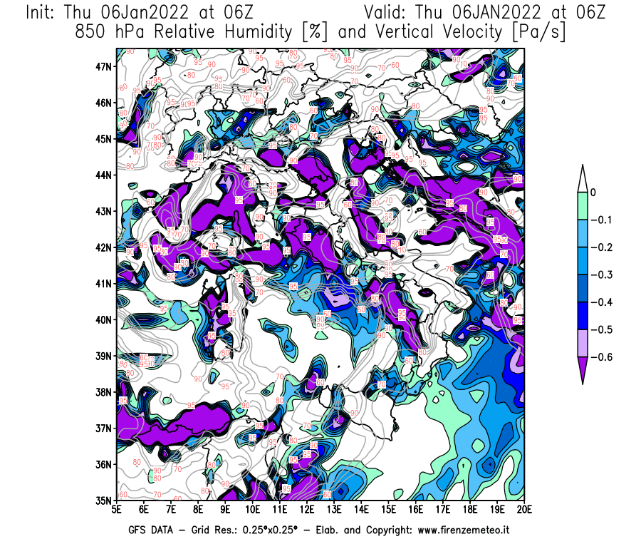 Mappa di analisi GFS - Umidità relativa [%] e Omega [Pa/s] a 850 hPa in Italia
							del 06/01/2022 06 <!--googleoff: index-->UTC<!--googleon: index-->