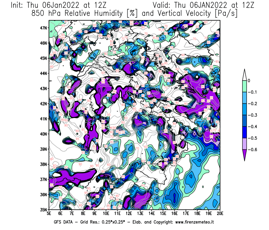 Mappa di analisi GFS - Umidità relativa [%] e Omega [Pa/s] a 850 hPa in Italia
							del 06/01/2022 12 <!--googleoff: index-->UTC<!--googleon: index-->