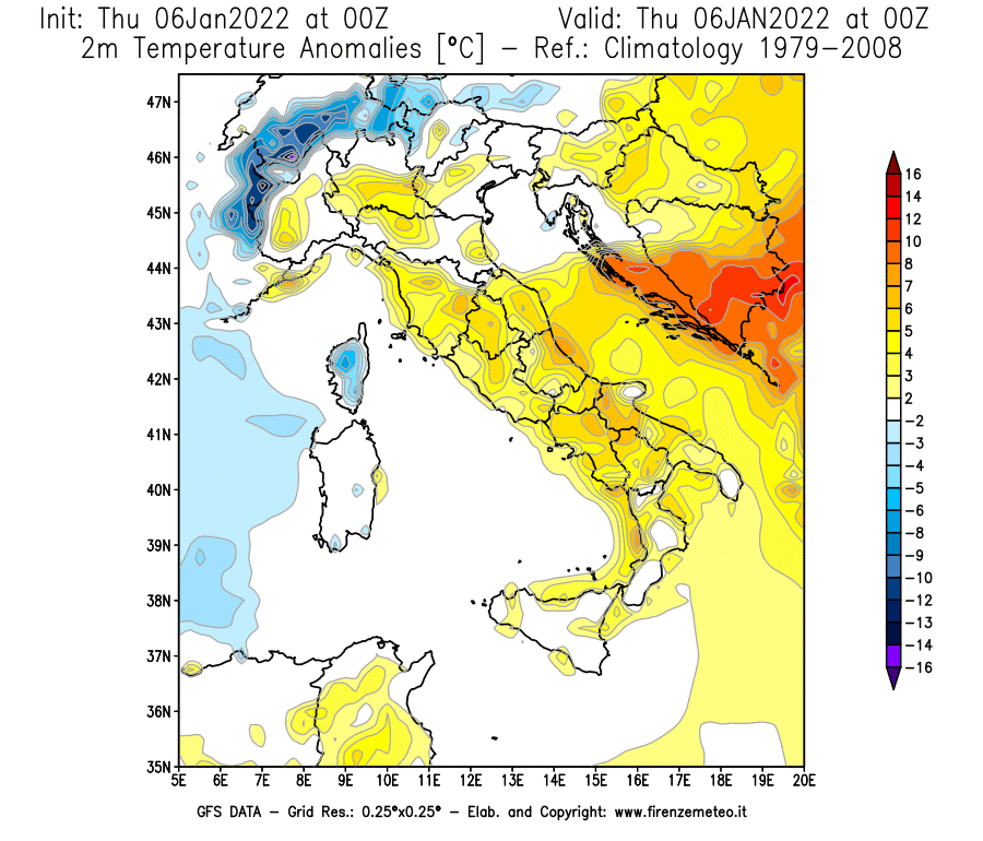 Mappa di analisi GFS - Anomalia Temperatura [°C] a 2 m in Italia
							del 06/01/2022 00 <!--googleoff: index-->UTC<!--googleon: index-->