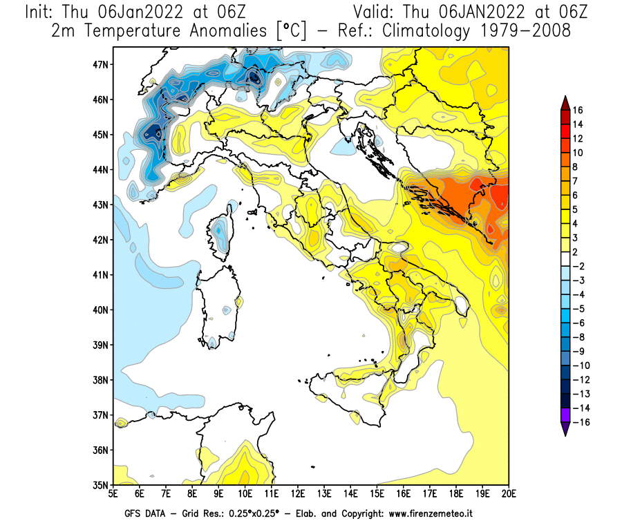 Mappa di analisi GFS - Anomalia Temperatura [°C] a 2 m in Italia
							del 06/01/2022 06 <!--googleoff: index-->UTC<!--googleon: index-->
