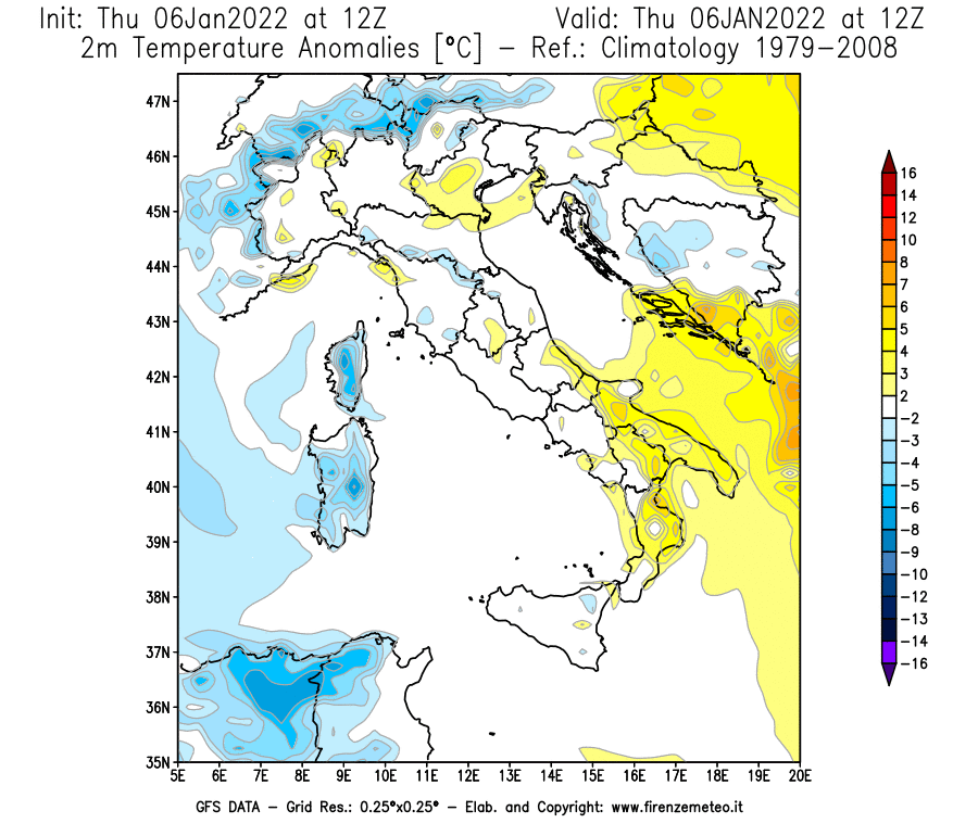 Mappa di analisi GFS - Anomalia Temperatura [°C] a 2 m in Italia
							del 06/01/2022 12 <!--googleoff: index-->UTC<!--googleon: index-->
