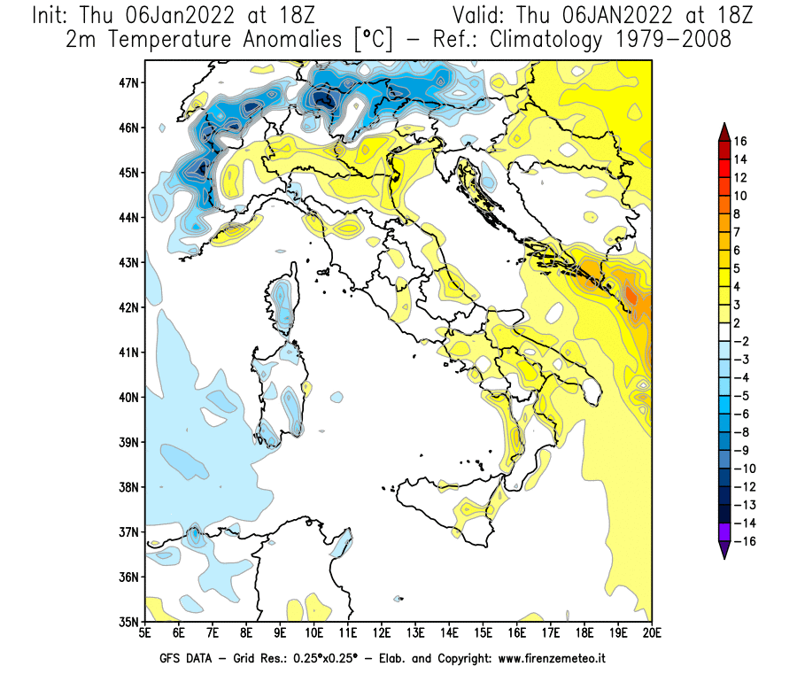 Mappa di analisi GFS - Anomalia Temperatura [°C] a 2 m in Italia
							del 06/01/2022 18 <!--googleoff: index-->UTC<!--googleon: index-->