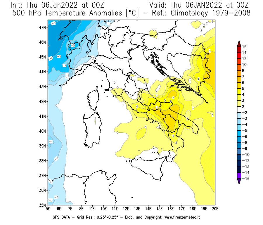 Mappa di analisi GFS - Anomalia Temperatura [°C] a 500 hPa in Italia
							del 06/01/2022 00 <!--googleoff: index-->UTC<!--googleon: index-->