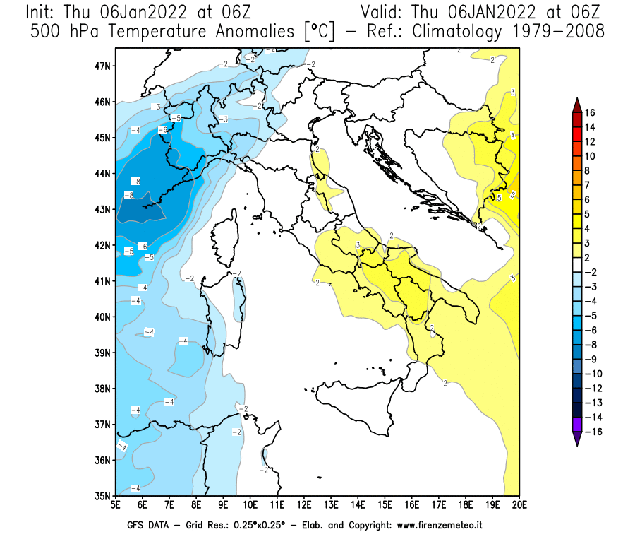 Mappa di analisi GFS - Anomalia Temperatura [°C] a 500 hPa in Italia
							del 06/01/2022 06 <!--googleoff: index-->UTC<!--googleon: index-->