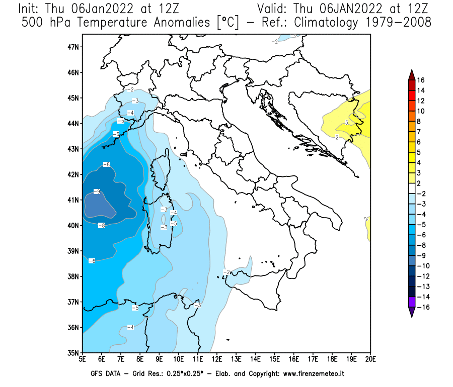 Mappa di analisi GFS - Anomalia Temperatura [°C] a 500 hPa in Italia
							del 06/01/2022 12 <!--googleoff: index-->UTC<!--googleon: index-->