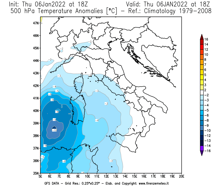 Mappa di analisi GFS - Anomalia Temperatura [°C] a 500 hPa in Italia
							del 06/01/2022 18 <!--googleoff: index-->UTC<!--googleon: index-->