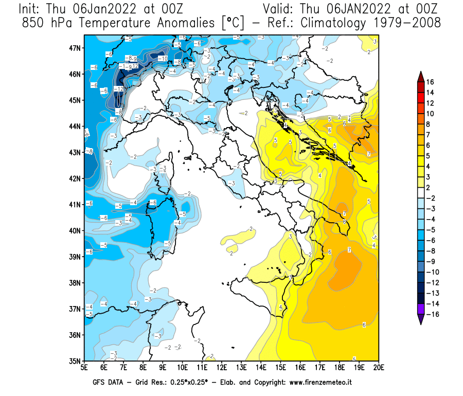 Mappa di analisi GFS - Anomalia Temperatura [°C] a 850 hPa in Italia
							del 06/01/2022 00 <!--googleoff: index-->UTC<!--googleon: index-->