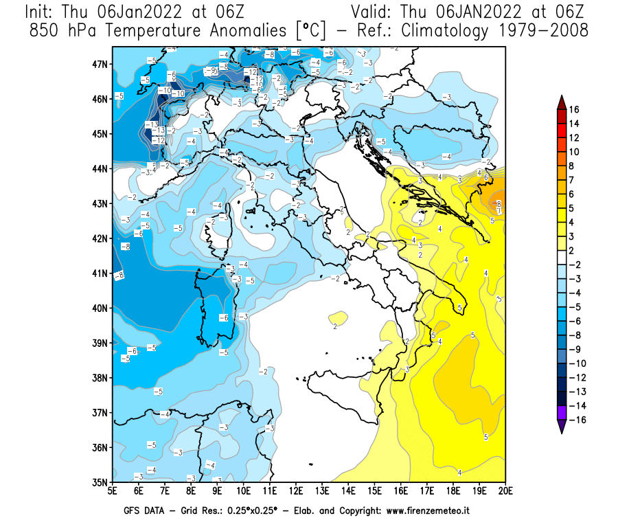 Mappa di analisi GFS - Anomalia Temperatura [°C] a 850 hPa in Italia
							del 06/01/2022 06 <!--googleoff: index-->UTC<!--googleon: index-->