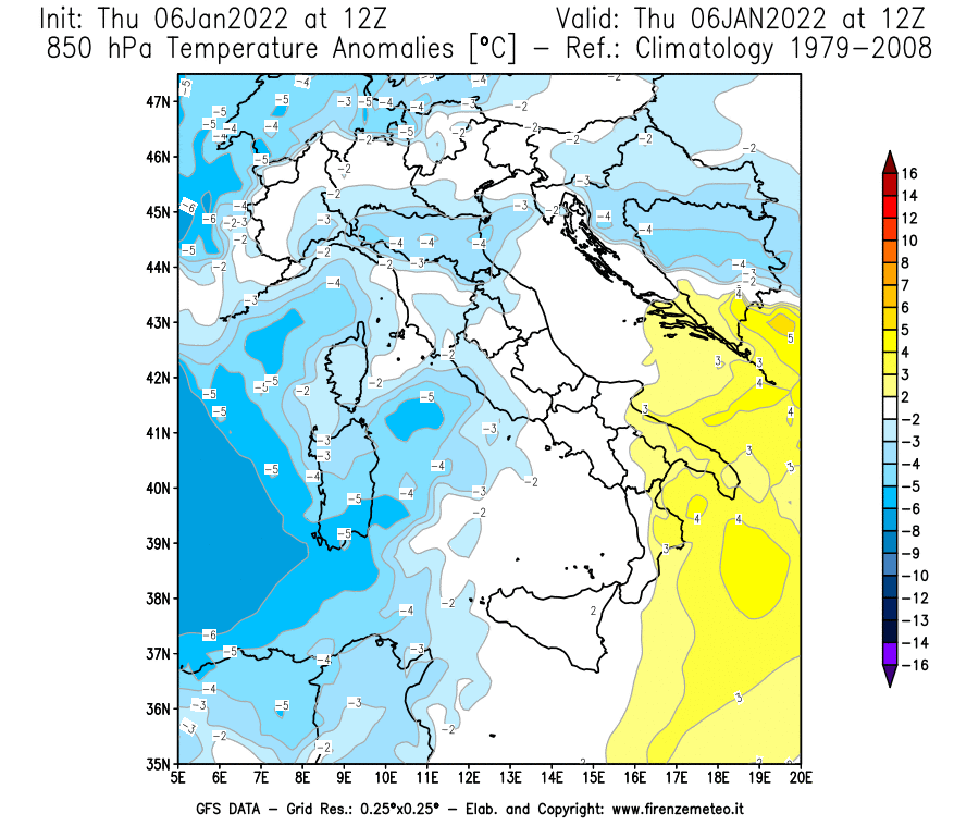 Mappa di analisi GFS - Anomalia Temperatura [°C] a 850 hPa in Italia
							del 06/01/2022 12 <!--googleoff: index-->UTC<!--googleon: index-->