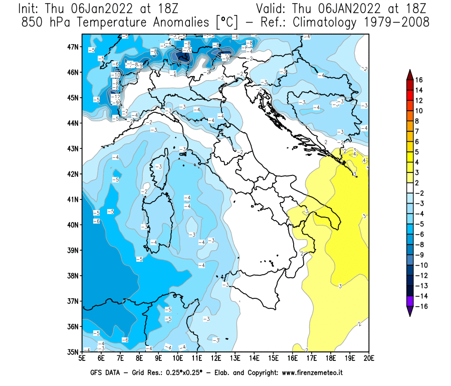 Mappa di analisi GFS - Anomalia Temperatura [°C] a 850 hPa in Italia
							del 06/01/2022 18 <!--googleoff: index-->UTC<!--googleon: index-->