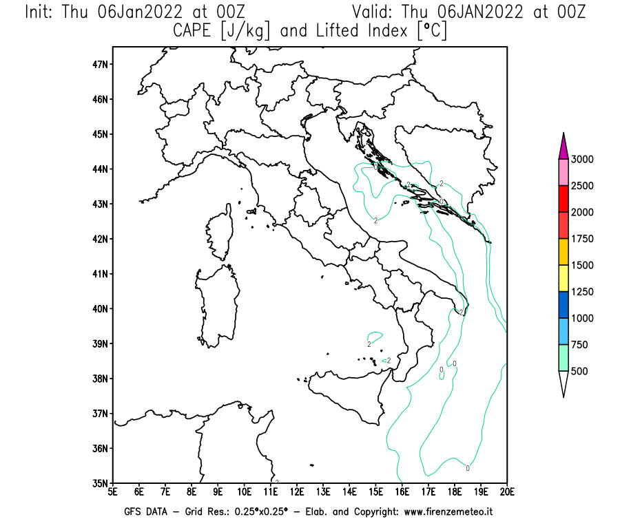 Mappa di analisi GFS - CAPE [J/kg] e Lifted Index [°C] in Italia
							del 06/01/2022 00 <!--googleoff: index-->UTC<!--googleon: index-->