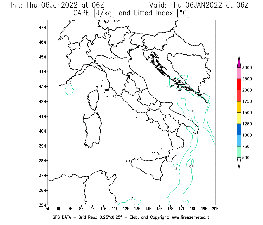 Mappa di analisi GFS - CAPE [J/kg] e Lifted Index [°C] in Italia
							del 06/01/2022 06 <!--googleoff: index-->UTC<!--googleon: index-->