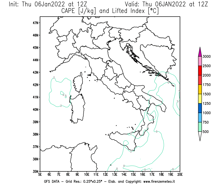 Mappa di analisi GFS - CAPE [J/kg] e Lifted Index [°C] in Italia
							del 06/01/2022 12 <!--googleoff: index-->UTC<!--googleon: index-->