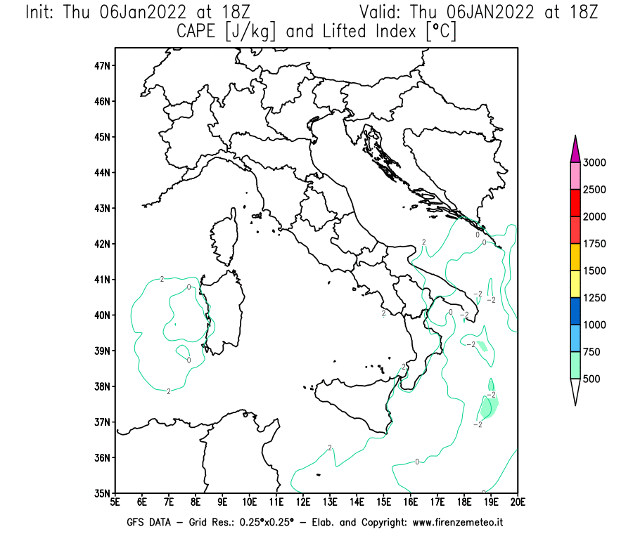 Mappa di analisi GFS - CAPE [J/kg] e Lifted Index [°C] in Italia
							del 06/01/2022 18 <!--googleoff: index-->UTC<!--googleon: index-->