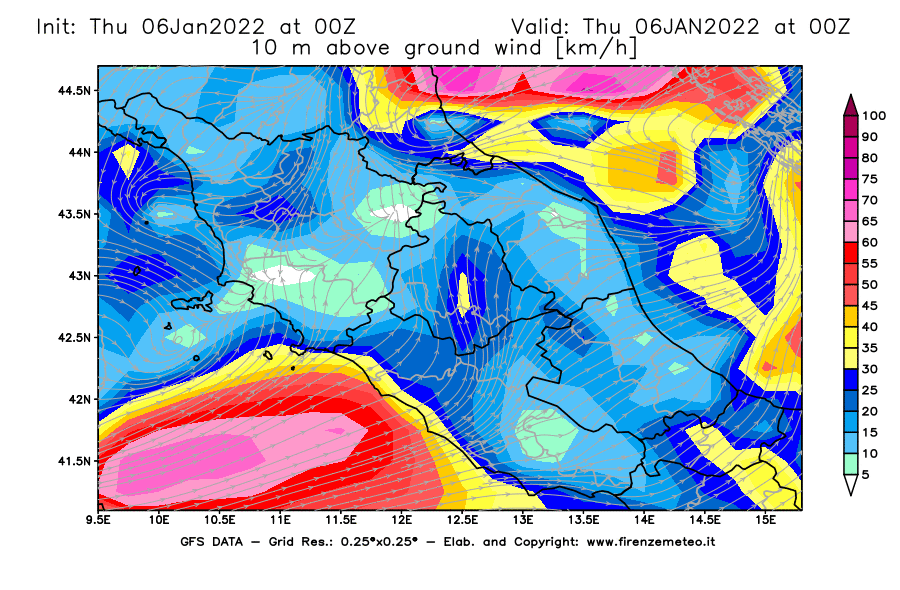 Mappa di analisi GFS - Velocità del vento a 10 metri dal suolo [km/h] in Centro-Italia
							del 06/01/2022 00 <!--googleoff: index-->UTC<!--googleon: index-->