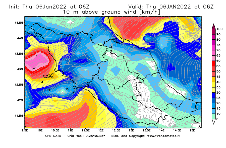 Mappa di analisi GFS - Velocità del vento a 10 metri dal suolo [km/h] in Centro-Italia
							del 06/01/2022 06 <!--googleoff: index-->UTC<!--googleon: index-->