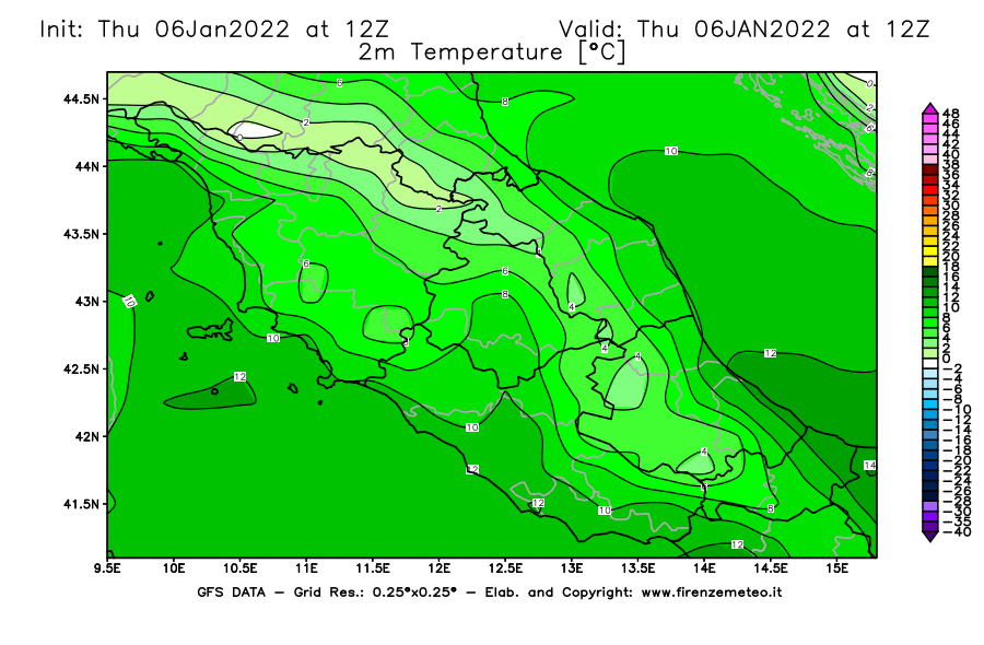 Mappa di analisi GFS - Temperatura a 2 metri dal suolo [°C] in Centro-Italia
							del 06/01/2022 12 <!--googleoff: index-->UTC<!--googleon: index-->
