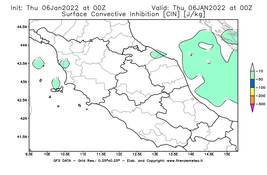 Mappa di analisi GFS - CIN [J/kg] in Centro-Italia
							del 06/01/2022 00 <!--googleoff: index-->UTC<!--googleon: index-->