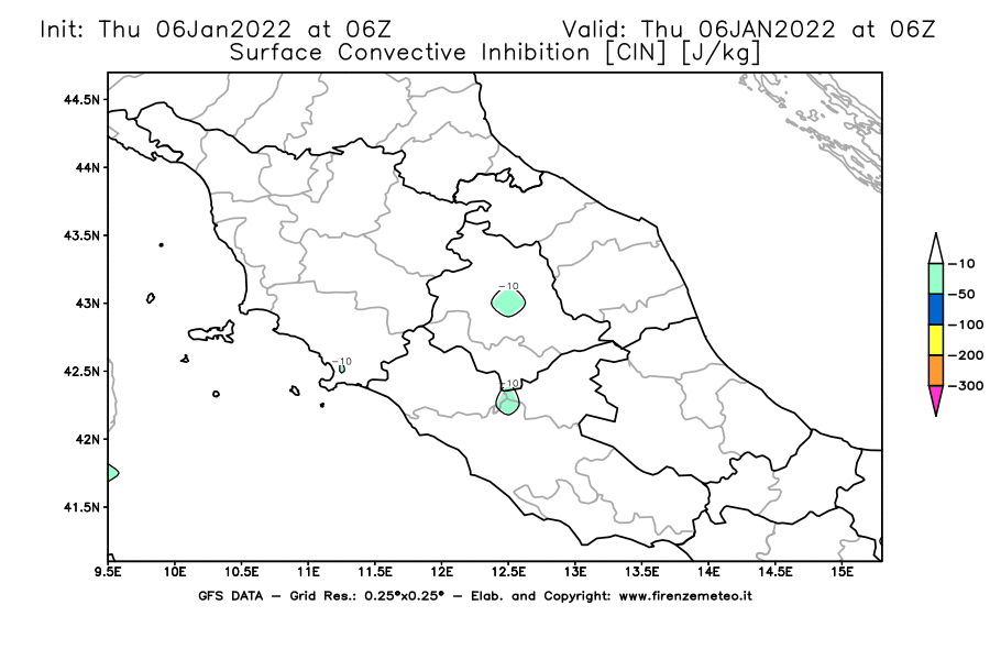 Mappa di analisi GFS - CIN [J/kg] in Centro-Italia
							del 06/01/2022 06 <!--googleoff: index-->UTC<!--googleon: index-->