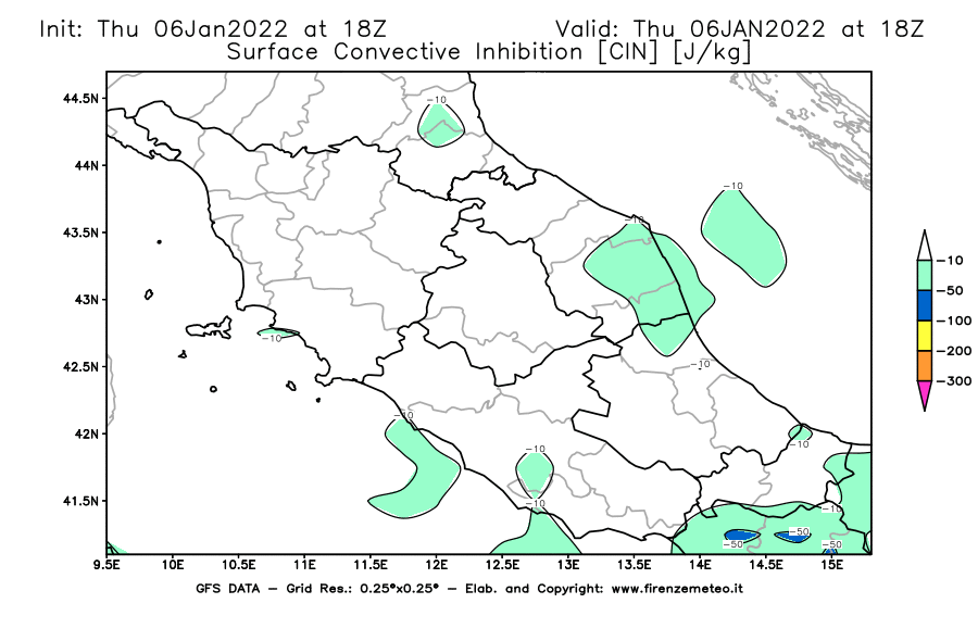 Mappa di analisi GFS - CIN [J/kg] in Centro-Italia
							del 06/01/2022 18 <!--googleoff: index-->UTC<!--googleon: index-->