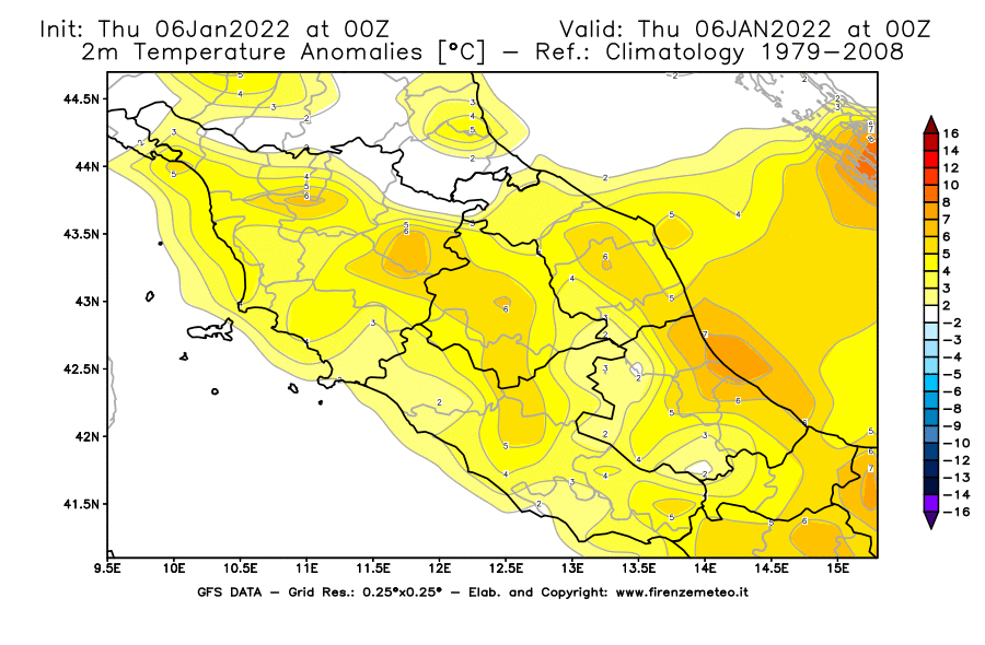 Mappa di analisi GFS - Anomalia Temperatura [°C] a 2 m in Centro-Italia
							del 06/01/2022 00 <!--googleoff: index-->UTC<!--googleon: index-->