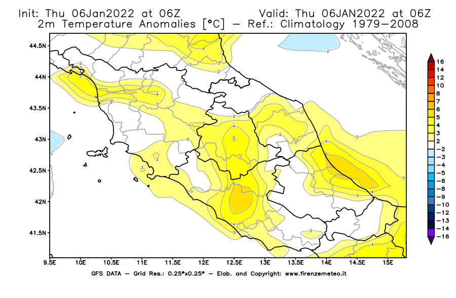 Mappa di analisi GFS - Anomalia Temperatura [°C] a 2 m in Centro-Italia
							del 06/01/2022 06 <!--googleoff: index-->UTC<!--googleon: index-->