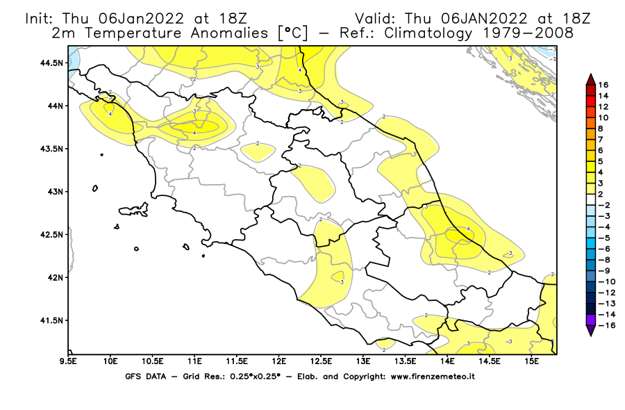 Mappa di analisi GFS - Anomalia Temperatura [°C] a 2 m in Centro-Italia
							del 06/01/2022 18 <!--googleoff: index-->UTC<!--googleon: index-->