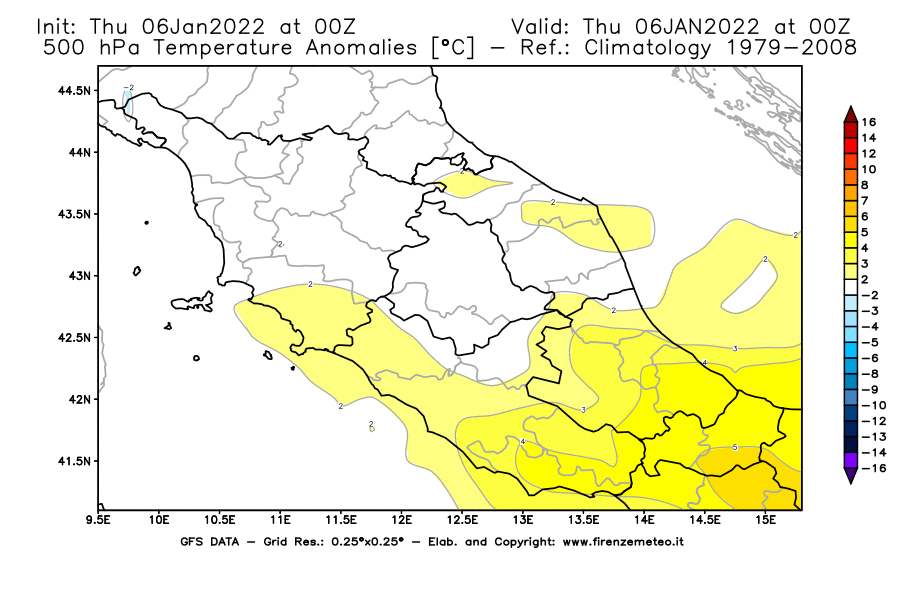 Mappa di analisi GFS - Anomalia Temperatura [°C] a 500 hPa in Centro-Italia
							del 06/01/2022 00 <!--googleoff: index-->UTC<!--googleon: index-->