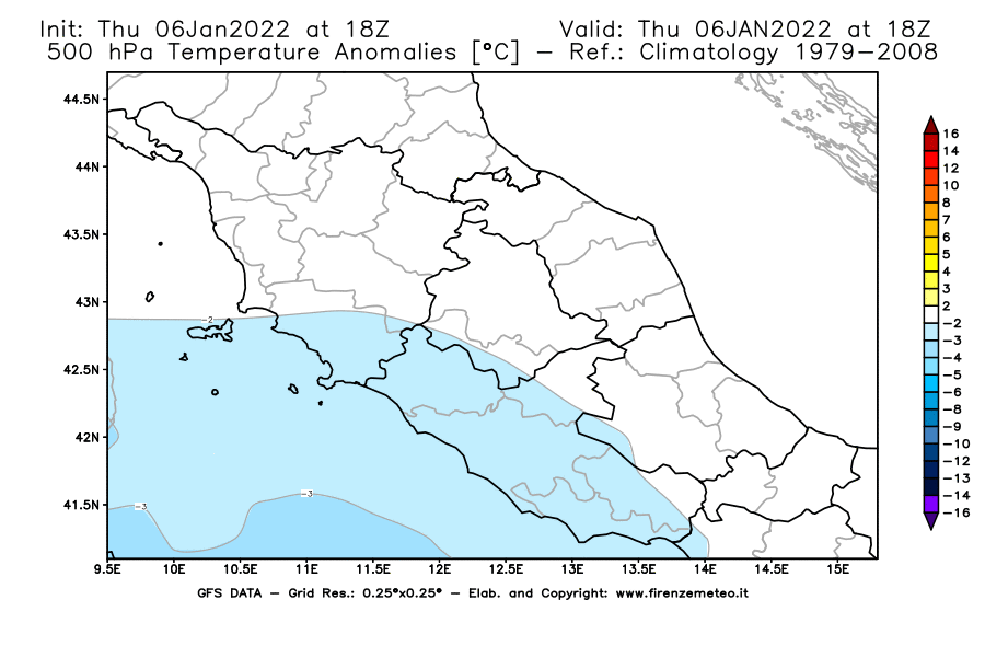 Mappa di analisi GFS - Anomalia Temperatura [°C] a 500 hPa in Centro-Italia
							del 06/01/2022 18 <!--googleoff: index-->UTC<!--googleon: index-->
