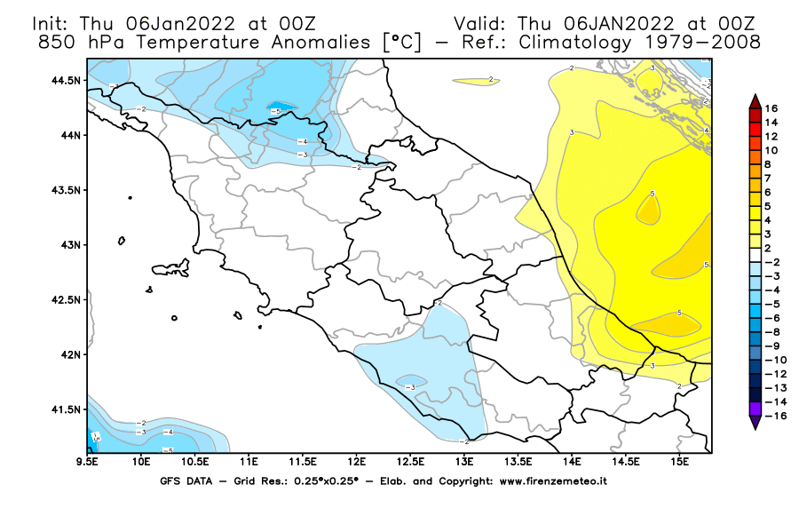 Mappa di analisi GFS - Anomalia Temperatura [°C] a 850 hPa in Centro-Italia
							del 06/01/2022 00 <!--googleoff: index-->UTC<!--googleon: index-->