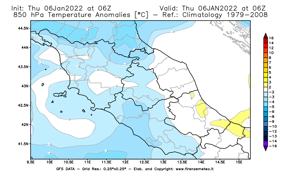 Mappa di analisi GFS - Anomalia Temperatura [°C] a 850 hPa in Centro-Italia
							del 06/01/2022 06 <!--googleoff: index-->UTC<!--googleon: index-->