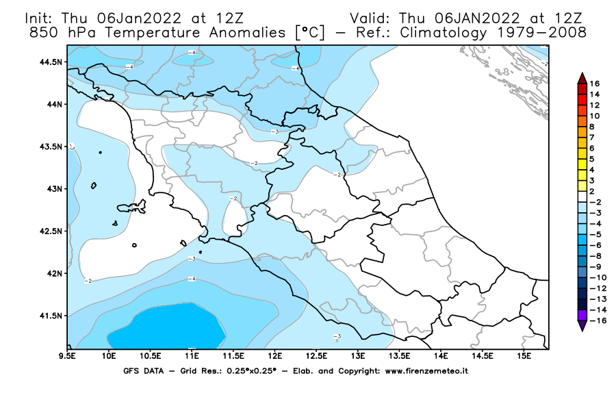 Mappa di analisi GFS - Anomalia Temperatura [°C] a 850 hPa in Centro-Italia
							del 06/01/2022 12 <!--googleoff: index-->UTC<!--googleon: index-->