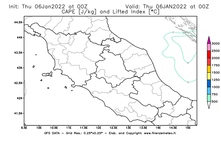 Mappa di analisi GFS - CAPE [J/kg] e Lifted Index [°C] in Centro-Italia
							del 06/01/2022 00 <!--googleoff: index-->UTC<!--googleon: index-->
