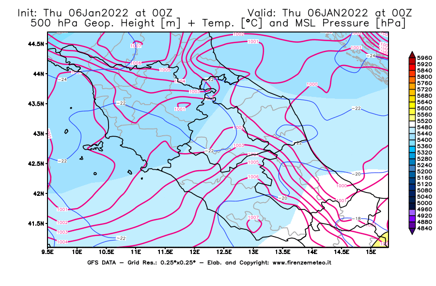 Mappa di analisi GFS - Geopotenziale [m] + Temp. [°C] a 500 hPa + Press. a livello del mare [hPa] in Centro-Italia
							del 06/01/2022 00 <!--googleoff: index-->UTC<!--googleon: index-->