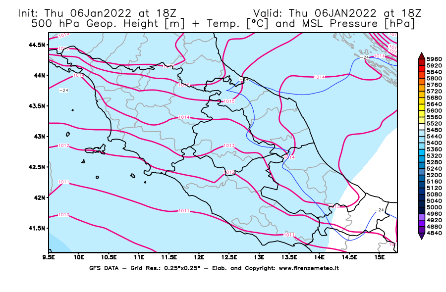 Mappa di analisi GFS - Geopotenziale [m] + Temp. [°C] a 500 hPa + Press. a livello del mare [hPa] in Centro-Italia
							del 06/01/2022 18 <!--googleoff: index-->UTC<!--googleon: index-->