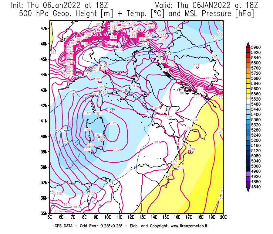 Mappa di analisi GFS - Geopotenziale [m] + Temp. [°C] a 500 hPa + Press. a livello del mare [hPa] in Italia
							del 06/01/2022 18 <!--googleoff: index-->UTC<!--googleon: index-->