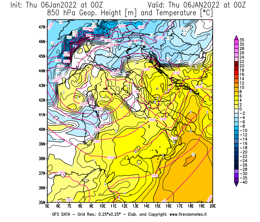 Mappa di analisi GFS - Geopotenziale [m] e Temperatura [°C] a 850 hPa in Italia
							del 06/01/2022 00 <!--googleoff: index-->UTC<!--googleon: index-->