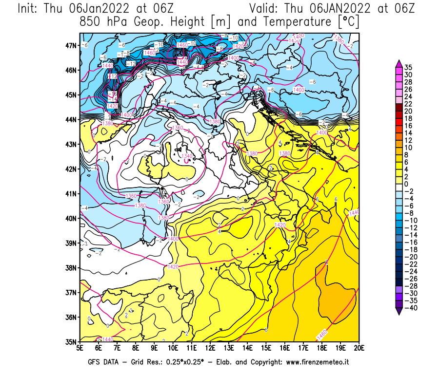 Mappa di analisi GFS - Geopotenziale [m] e Temperatura [°C] a 850 hPa in Italia
							del 06/01/2022 06 <!--googleoff: index-->UTC<!--googleon: index-->