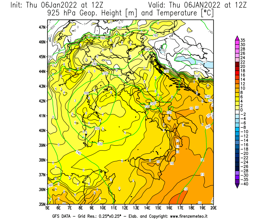 Mappa di analisi GFS - Geopotenziale [m] e Temperatura [°C] a 925 hPa in Italia
							del 06/01/2022 12 <!--googleoff: index-->UTC<!--googleon: index-->