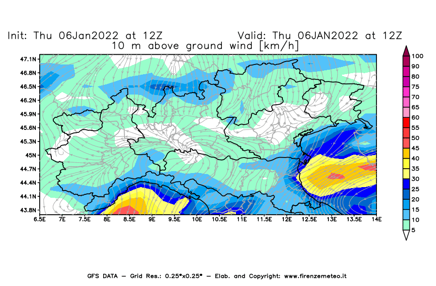 Mappa di analisi GFS - Velocità del vento a 10 metri dal suolo [km/h] in Nord-Italia
							del 06/01/2022 12 <!--googleoff: index-->UTC<!--googleon: index-->