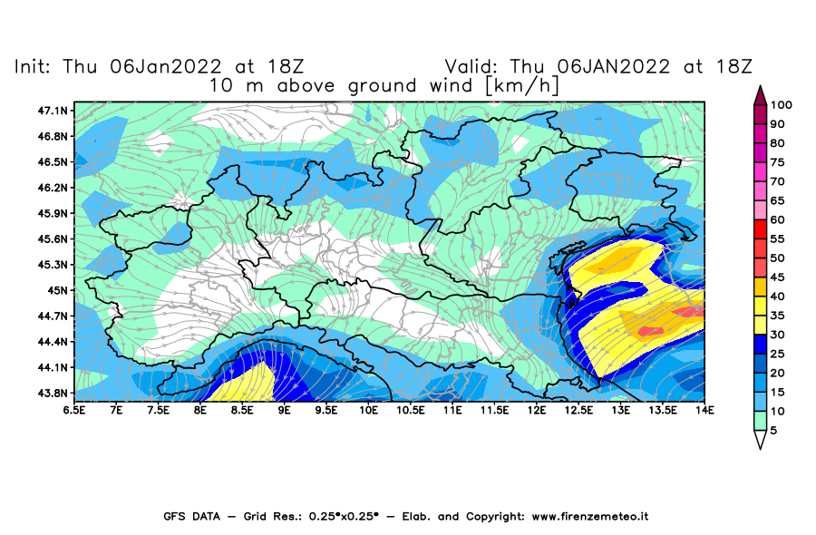 Mappa di analisi GFS - Velocità del vento a 10 metri dal suolo [km/h] in Nord-Italia
							del 06/01/2022 18 <!--googleoff: index-->UTC<!--googleon: index-->
