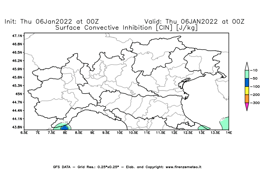 Mappa di analisi GFS - CIN [J/kg] in Nord-Italia
							del 06/01/2022 00 <!--googleoff: index-->UTC<!--googleon: index-->