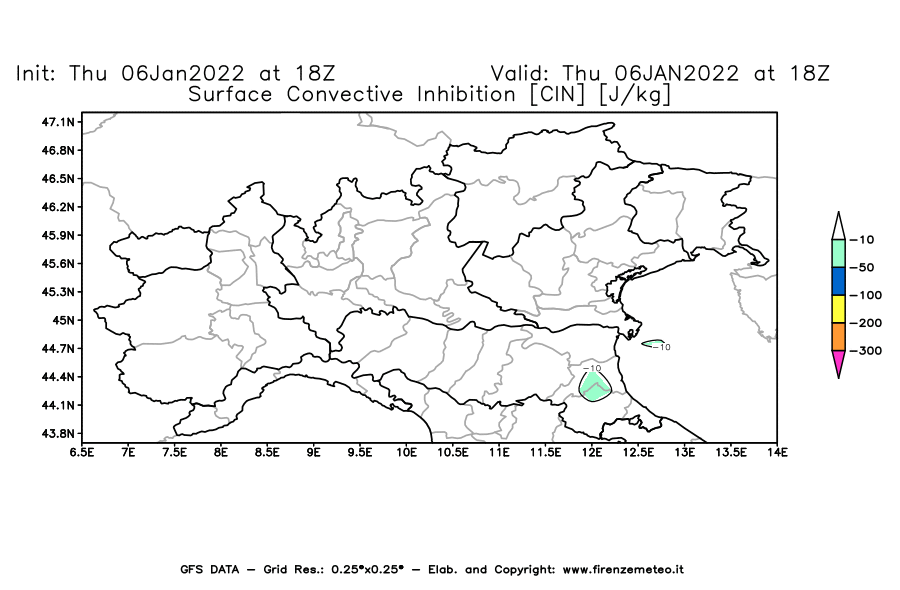 Mappa di analisi GFS - CIN [J/kg] in Nord-Italia
							del 06/01/2022 18 <!--googleoff: index-->UTC<!--googleon: index-->