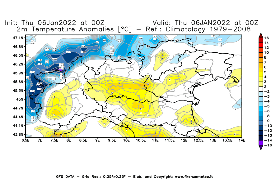 Mappa di analisi GFS - Anomalia Temperatura [°C] a 2 m in Nord-Italia
							del 06/01/2022 00 <!--googleoff: index-->UTC<!--googleon: index-->
