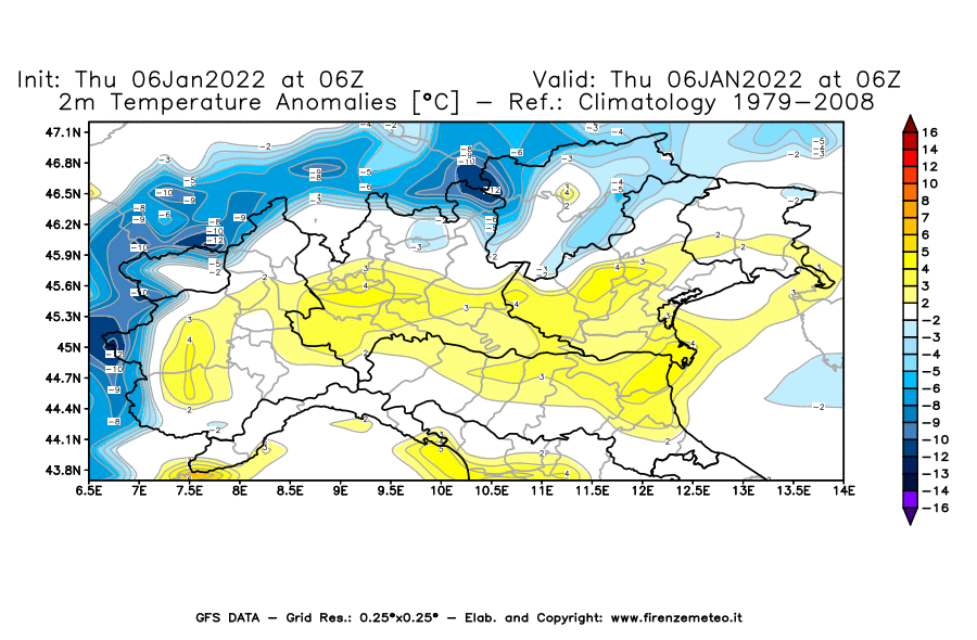 Mappa di analisi GFS - Anomalia Temperatura [°C] a 2 m in Nord-Italia
							del 06/01/2022 06 <!--googleoff: index-->UTC<!--googleon: index-->