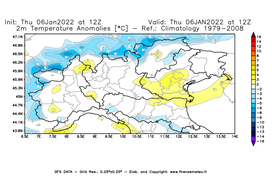 Mappa di analisi GFS - Anomalia Temperatura [°C] a 2 m in Nord-Italia
							del 06/01/2022 12 <!--googleoff: index-->UTC<!--googleon: index-->
