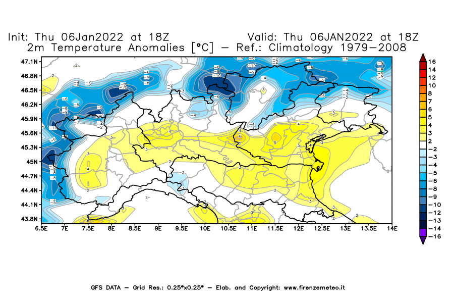 Mappa di analisi GFS - Anomalia Temperatura [°C] a 2 m in Nord-Italia
							del 06/01/2022 18 <!--googleoff: index-->UTC<!--googleon: index-->