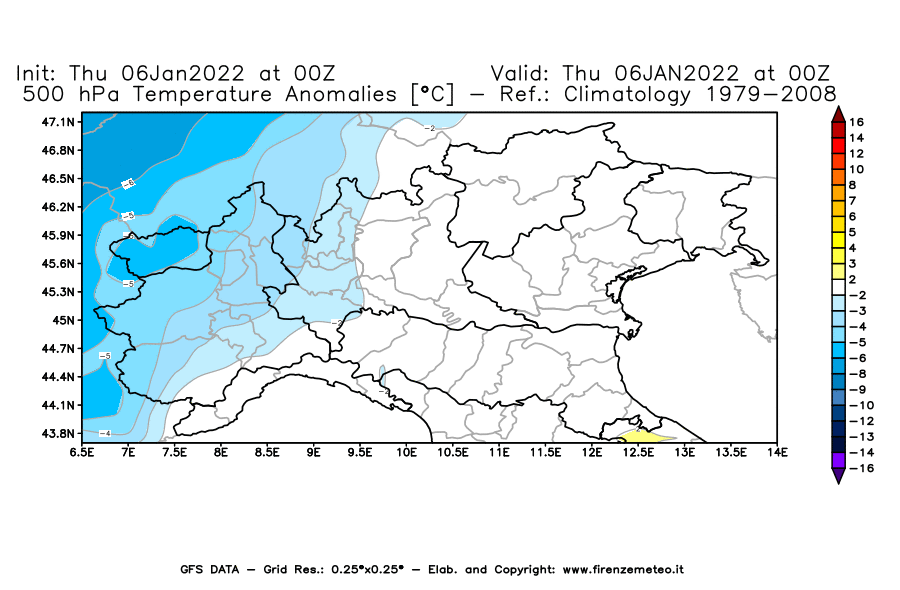 Mappa di analisi GFS - Anomalia Temperatura [°C] a 500 hPa in Nord-Italia
							del 06/01/2022 00 <!--googleoff: index-->UTC<!--googleon: index-->