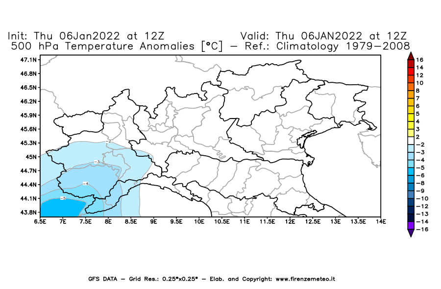 Mappa di analisi GFS - Anomalia Temperatura [°C] a 500 hPa in Nord-Italia
							del 06/01/2022 12 <!--googleoff: index-->UTC<!--googleon: index-->