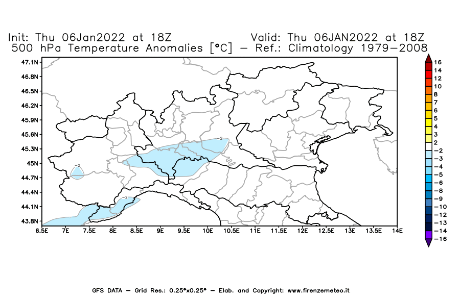 Mappa di analisi GFS - Anomalia Temperatura [°C] a 500 hPa in Nord-Italia
							del 06/01/2022 18 <!--googleoff: index-->UTC<!--googleon: index-->